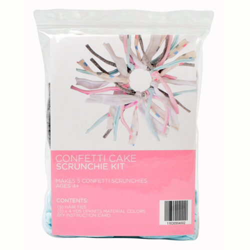 Packaging of an All-American Scrap Pack Scrunchie Kit with red, white, and blue confetti visible through the clear plastic.