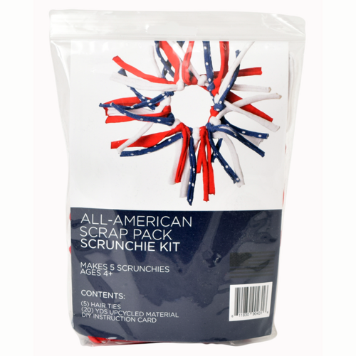 Packaging of an All-American Scrap Pack Scrunchie Kit with red, white, and blue confetti visible through the clear plastic.