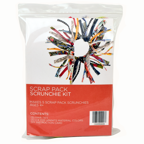 Packaging of an All-American Scrap Pack Scrunchie Kit with red, white, and blue confetti visible through the clear plastic.