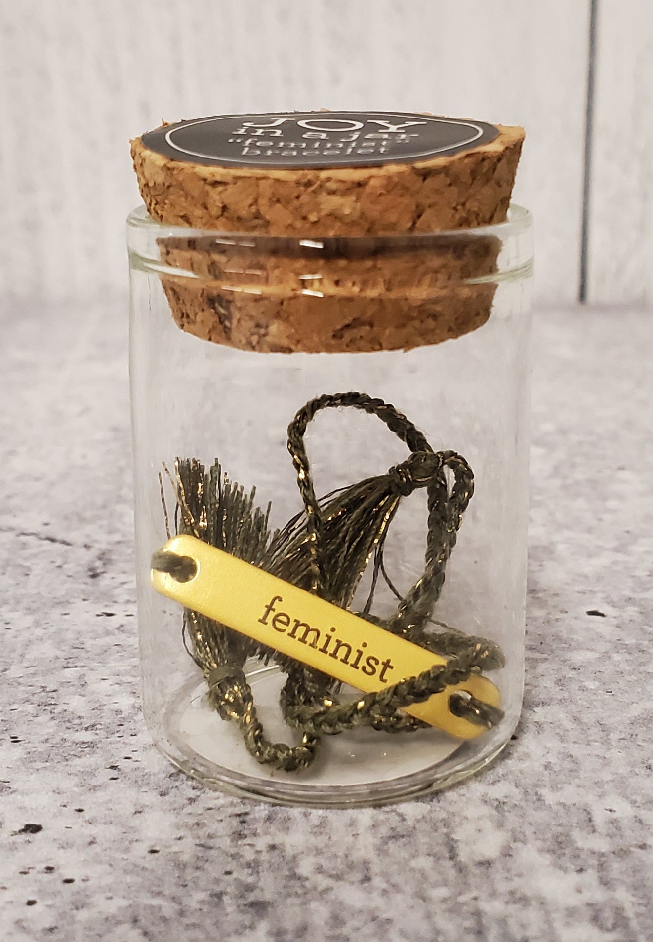 Feminist Stamped Brass Bar Woven Thread Bracelet | In a Giftable Glass