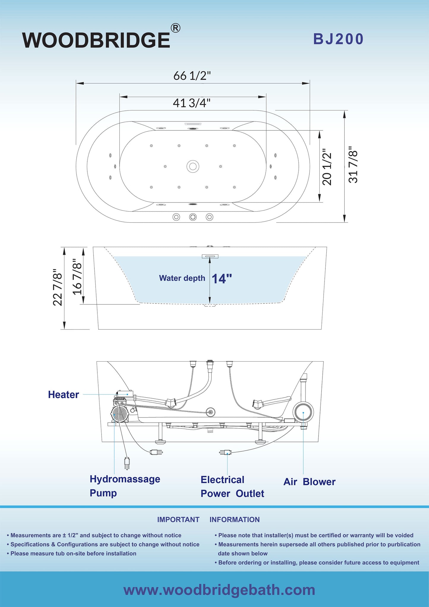 WOODBRIDGE 66-1/2" x 31-7/8" Whirlpool Water Jetted and Air Bubble Freestanding Heated Soaking Combination Bathtub, BJ200
