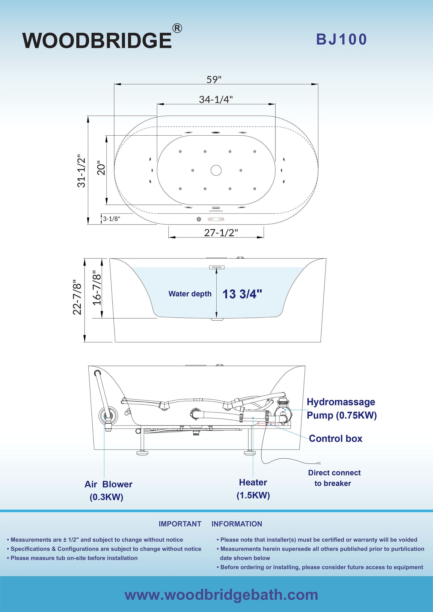 WOODBRIDGE 59" x 31-1/2" Whirlpool Water Jetted and Air Bubble Freestanding Heated Soaking Combination Bathtub with LED control panel