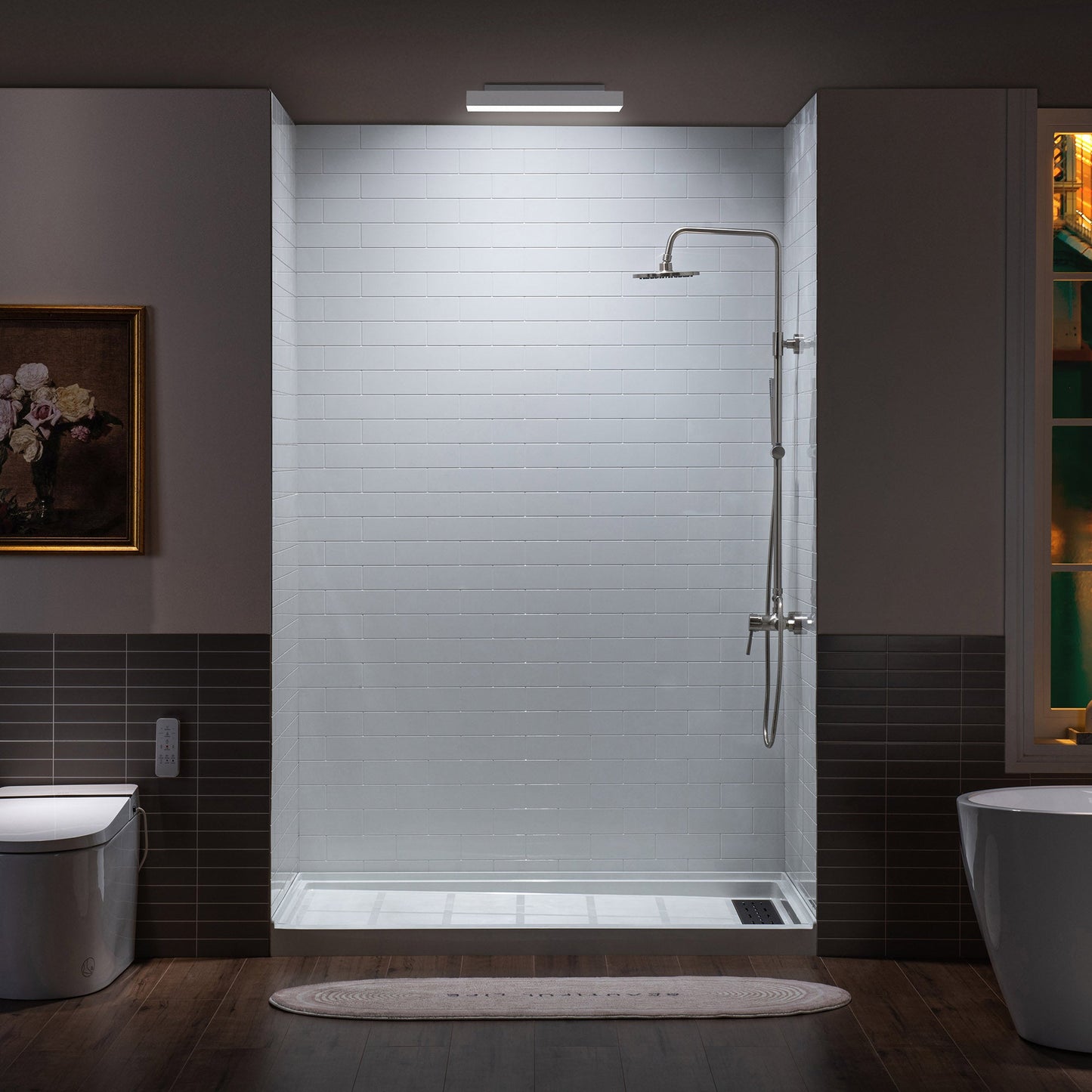 WOODBRIDGE Solid Surface 60" W x 75" H Tile Tub and Shower Wall Panel Surround, Quick Install, Cuttable, Staggered Brick Pattern