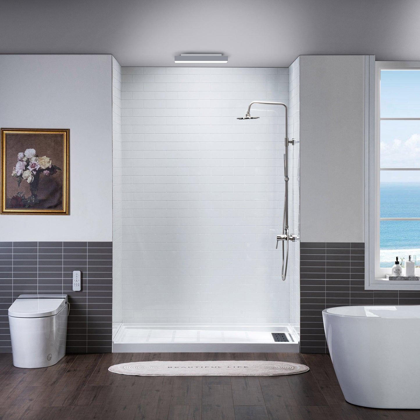 WOODBRIDGE Solid Surface 60" W x 75" H Tile Tub and Shower Wall Panel Surround, Quick Install, Cuttable, Staggered Brick Pattern