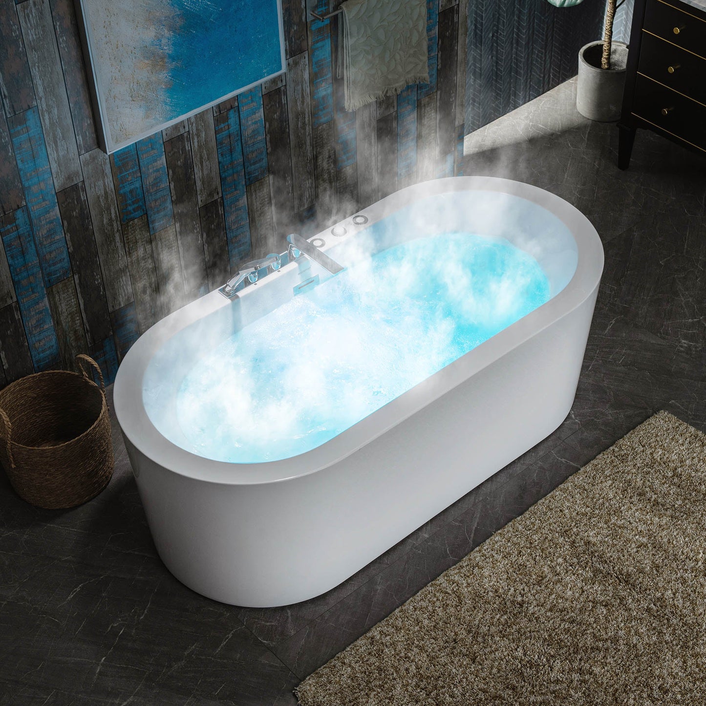 WOODBRIDGE 66-1/2" x 31-7/8" Whirlpool Water Jetted and Air Bubble Freestanding Heated Soaking Combination Bathtub with Tub Filler