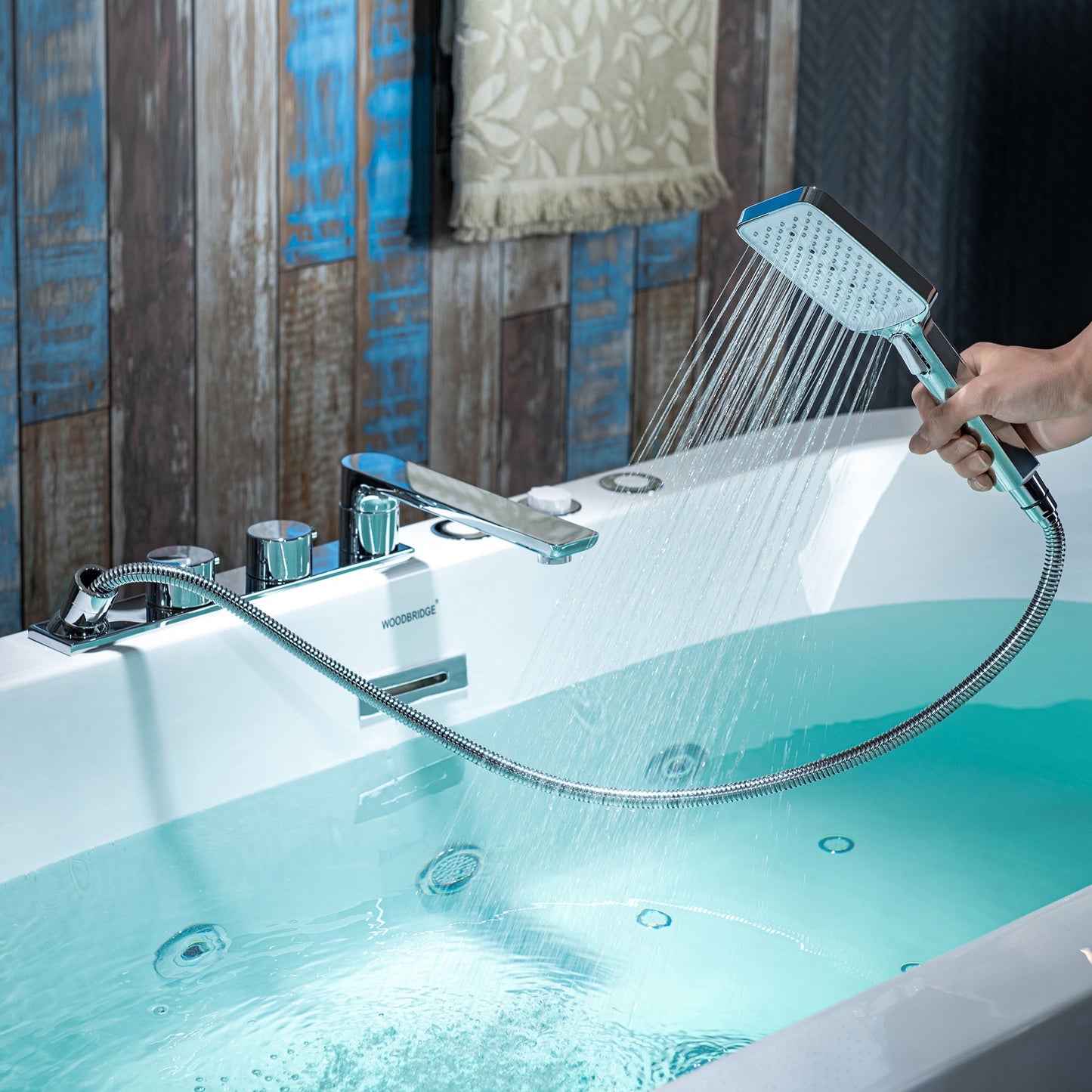 WOODBRIDGE 66-1/2" x 31-7/8" Whirlpool Water Jetted and Air Bubble Freestanding Heated Soaking Combination Bathtub with Tub Filler
