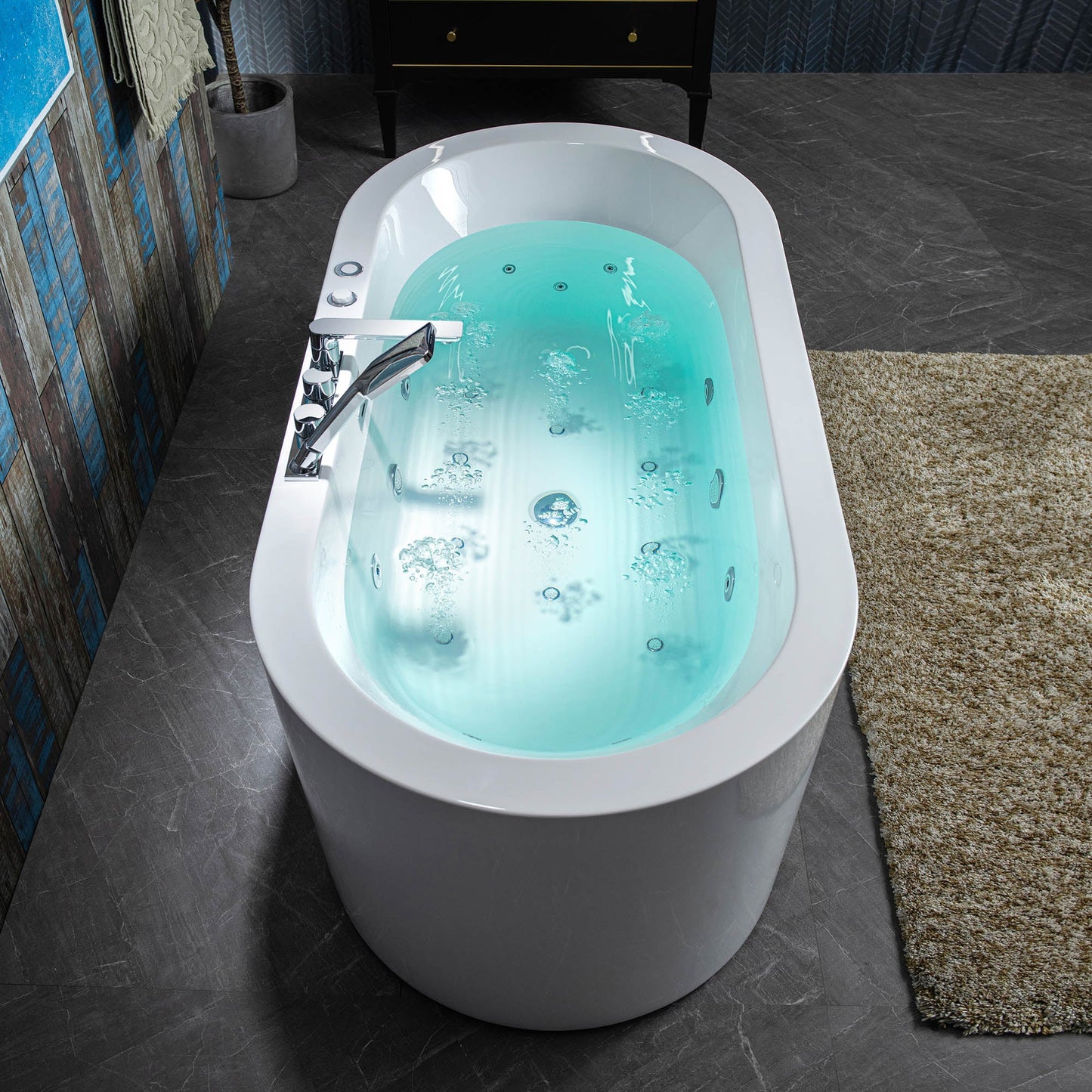 WOODBRIDGE 66-1/2" x 31-7/8" Whirlpool Water Jetted and Air Bubble Freestanding Heated Soaking Combination Bathtub with Tub Filler
