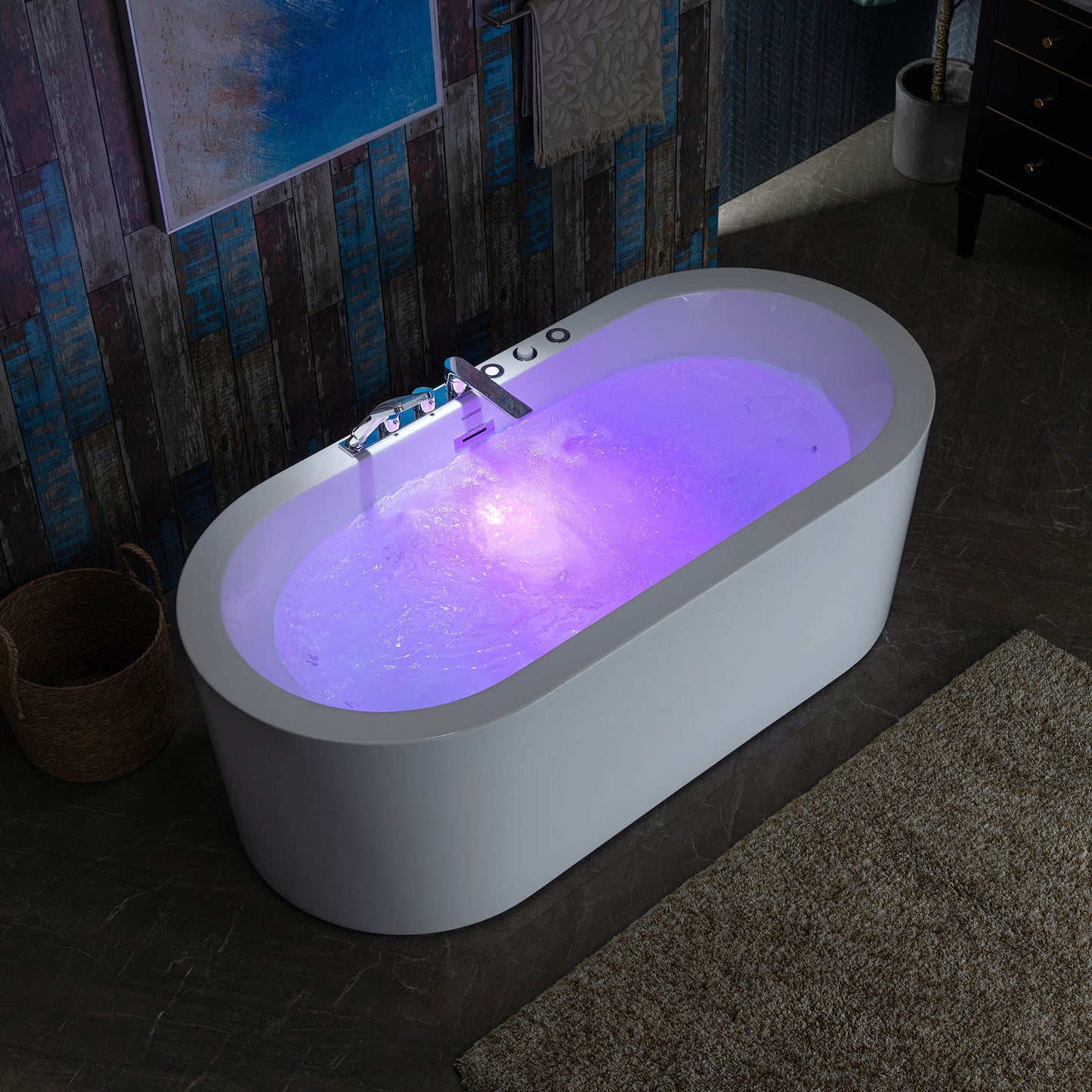 WOODBRIDGE 66-1/2" x 31-7/8" Whirlpool Water Jetted and Air Bubble Freestanding Heated Soaking Combination Bathtub with Tub Filler