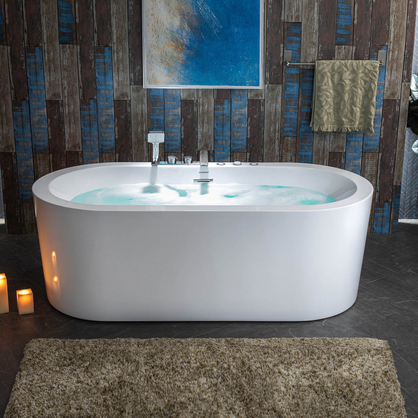 WOODBRIDGE 66-1/2" x 31-7/8" Whirlpool Water Jetted and Air Bubble Freestanding Heated Soaking Combination Bathtub with Tub Filler