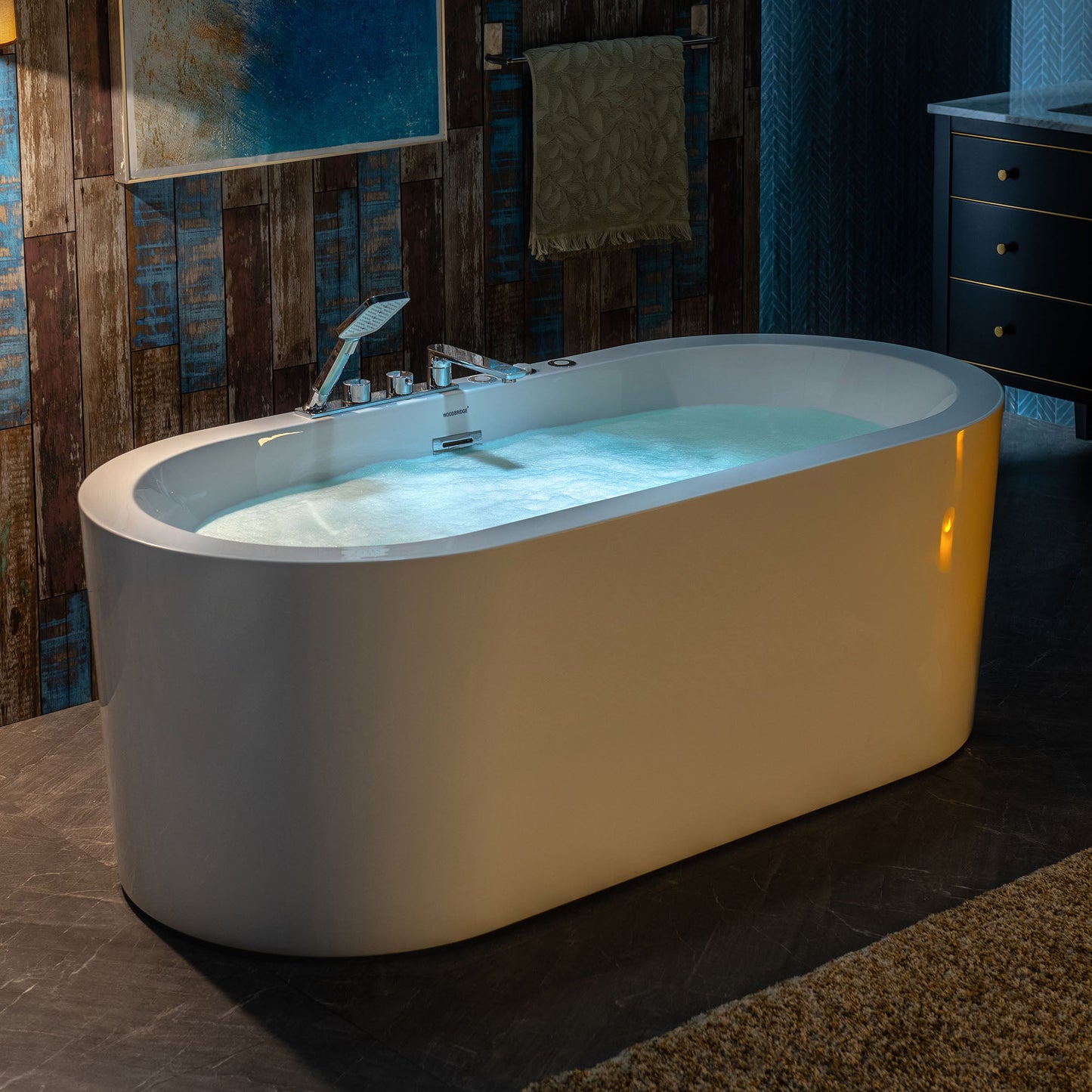 WOODBRIDGE 66-1/2" x 31-7/8" Whirlpool Water Jetted and Air Bubble Freestanding Heated Soaking Combination Bathtub with Tub Filler