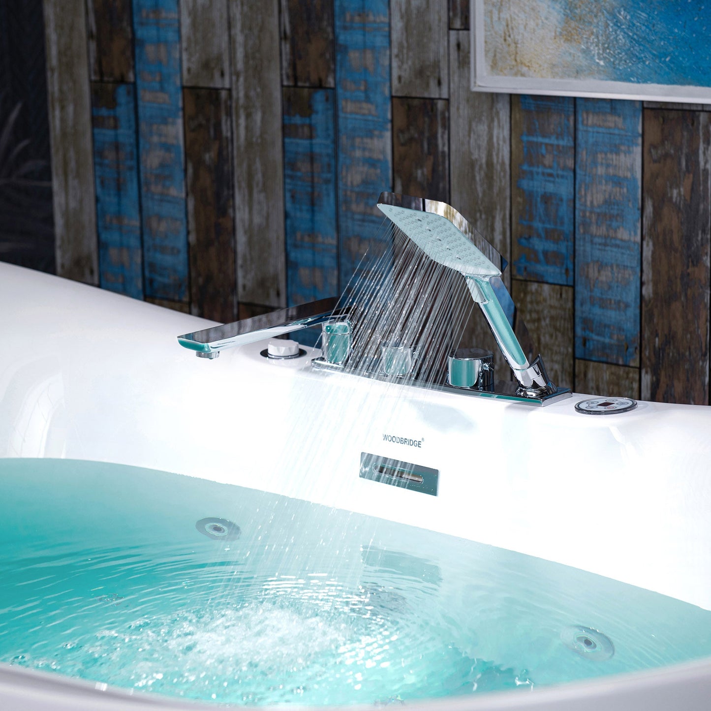 WOODBRIDGE 72" x 35-3/8" Whirlpool Water Jetted and Air Bubble Freestanding Heated Soaking Combination Bathtub with Tub Filler and LED control panel