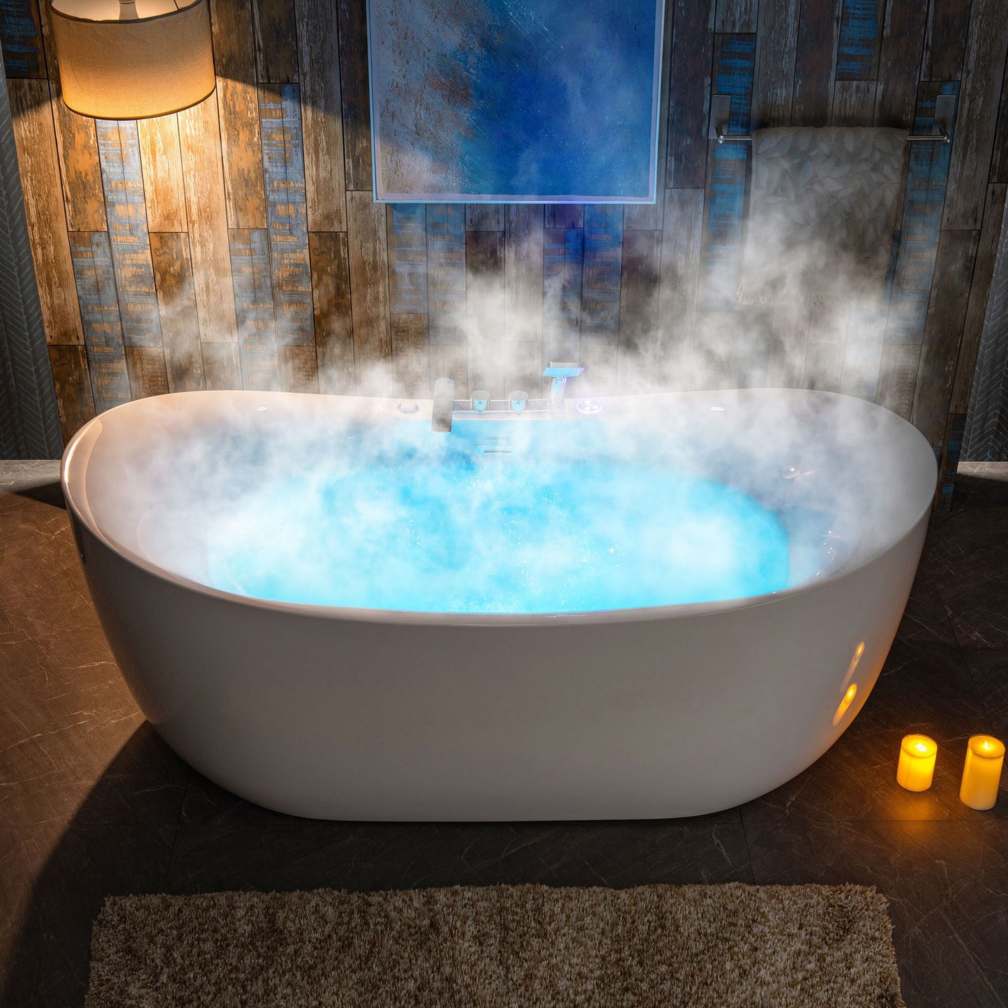 WOODBRIDGE 72" x 35-3/8" Whirlpool Water Jetted and Air Bubble Freestanding Heated Soaking Combination Bathtub with Tub Filler and LED control panel