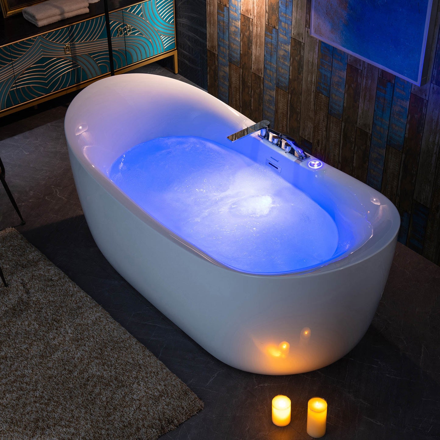 WOODBRIDGE 72" x 35-3/8" Whirlpool Water Jetted and Air Bubble Freestanding Heated Soaking Combination Bathtub with Tub Filler and LED control panel
