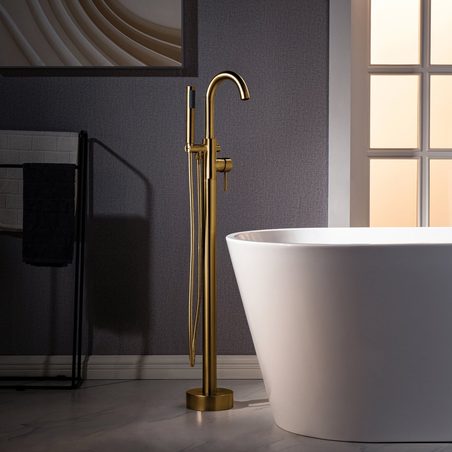 WOODBRIDGE F0023BNRD Contemporary Single Handle Floor Mount Freestanding Tub Filler Faucet with Cylinder Shape Hand shower