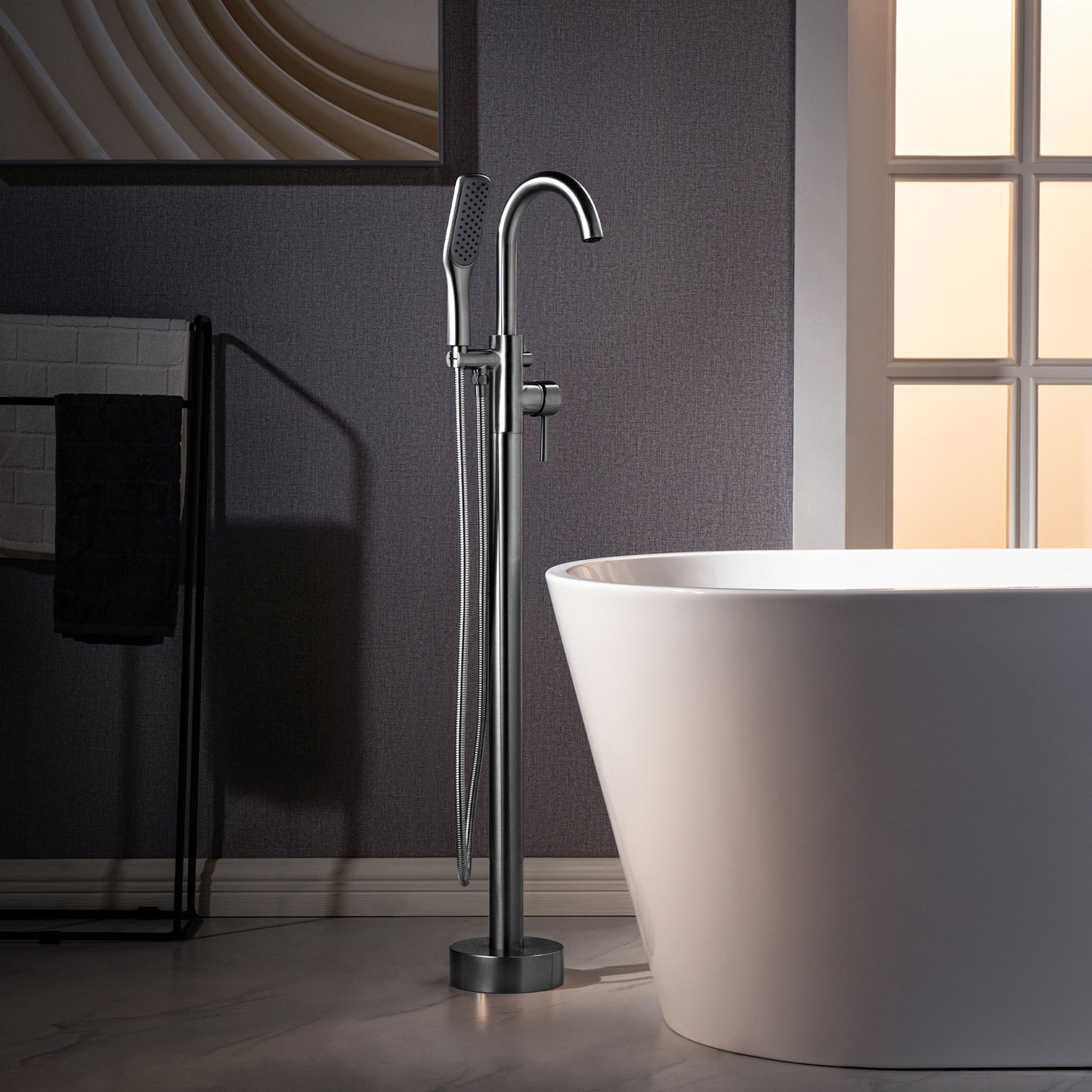 WOODBRIDGE F0023BNSQ Fusion Single Handle Floor Mount Freestanding Tub Filler Faucet with Square Comfort Grip Hand Shower