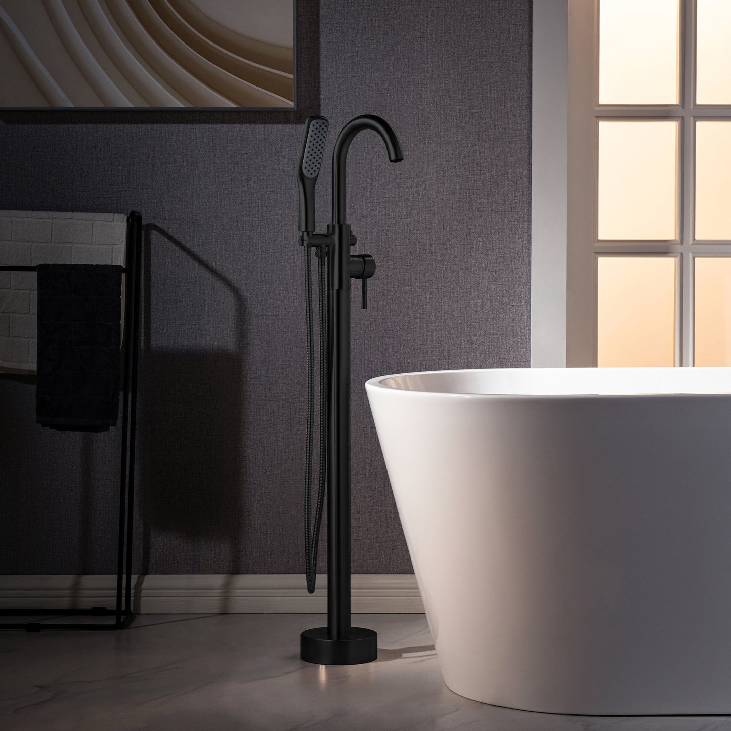 WOODBRIDGE F0023BNSQ Fusion Single Handle Floor Mount Freestanding Tub Filler Faucet with Square Comfort Grip Hand Shower