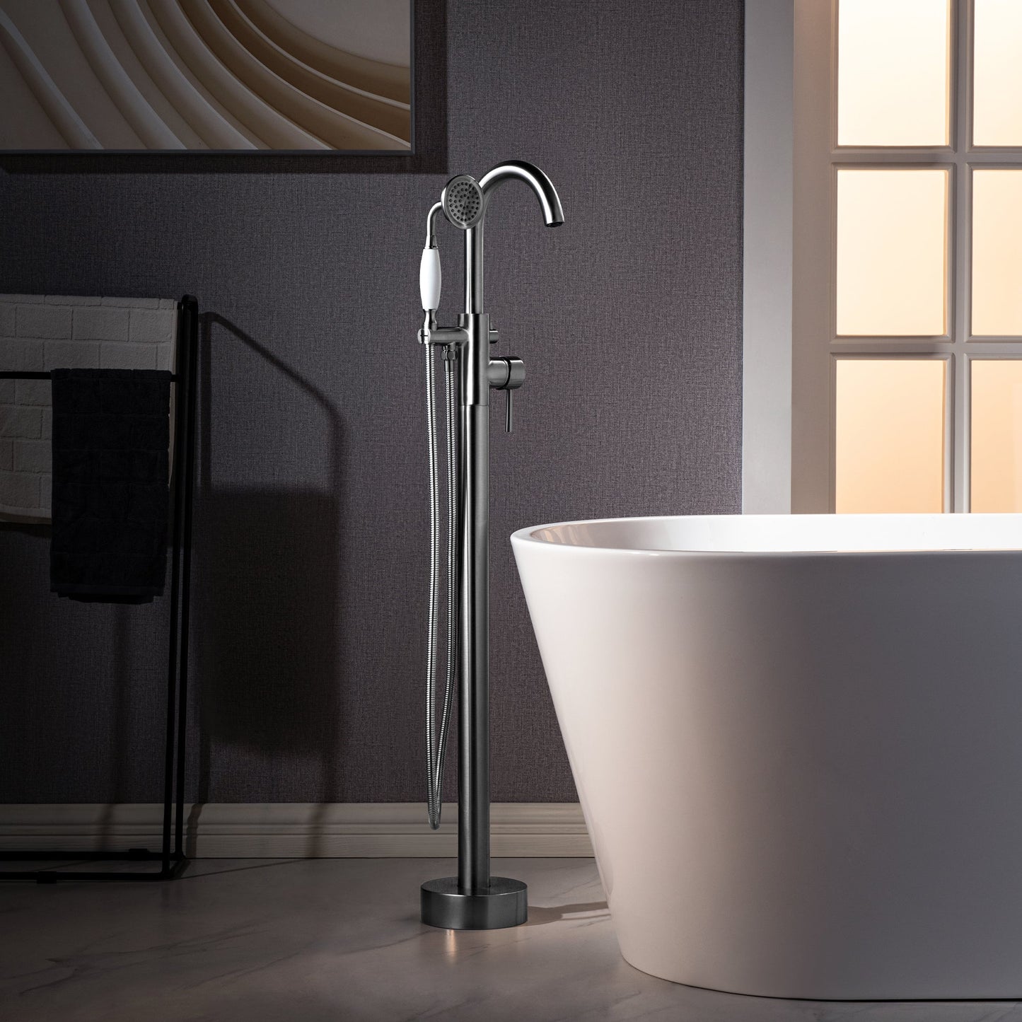 WOODBRIDGE F0023BNVT Fusion Single Handle Floor Mount Freestanding Tub Filler Faucet with Telephone Hand shower