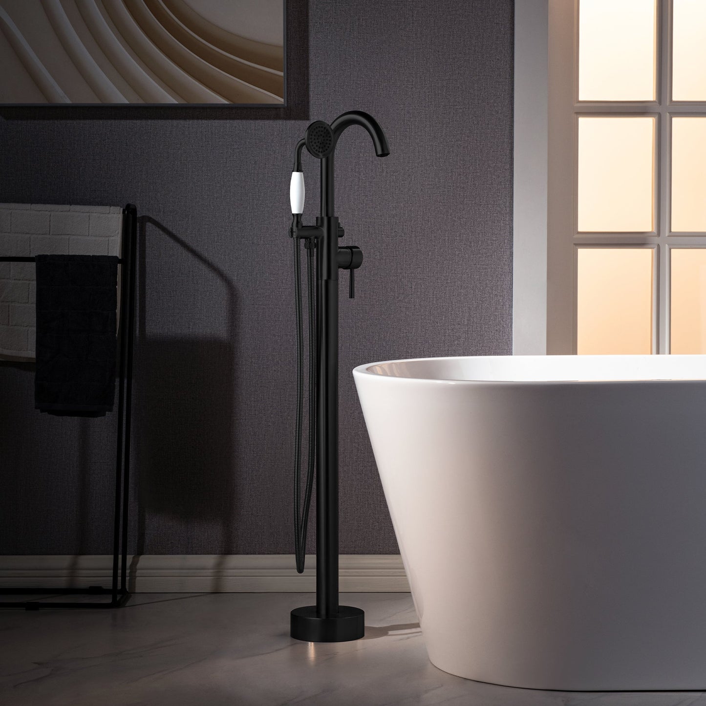 WOODBRIDGE F0023BNVT Fusion Single Handle Floor Mount Freestanding Tub Filler Faucet with Telephone Hand shower