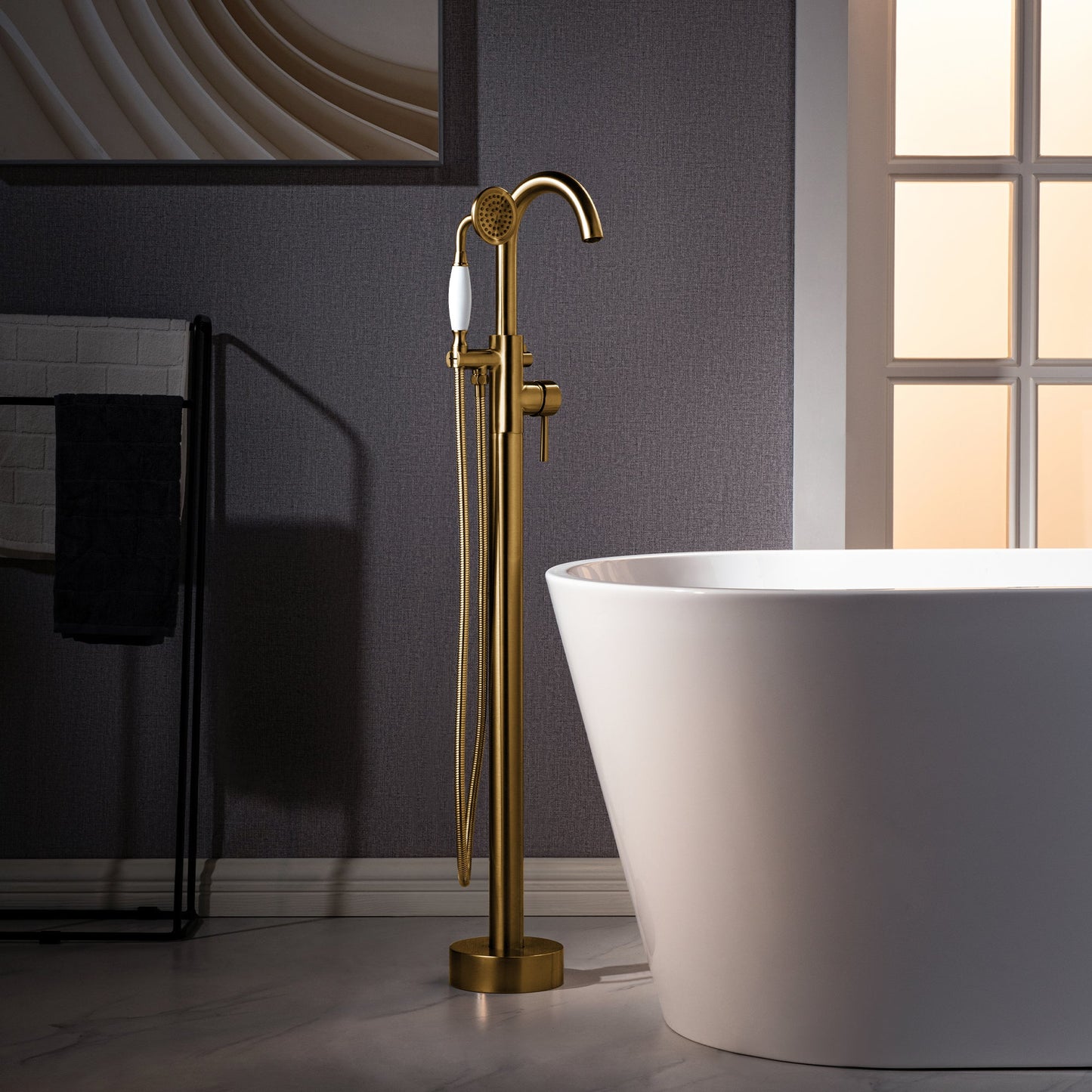 WOODBRIDGE F0023BNVT Fusion Single Handle Floor Mount Freestanding Tub Filler Faucet with Telephone Hand shower