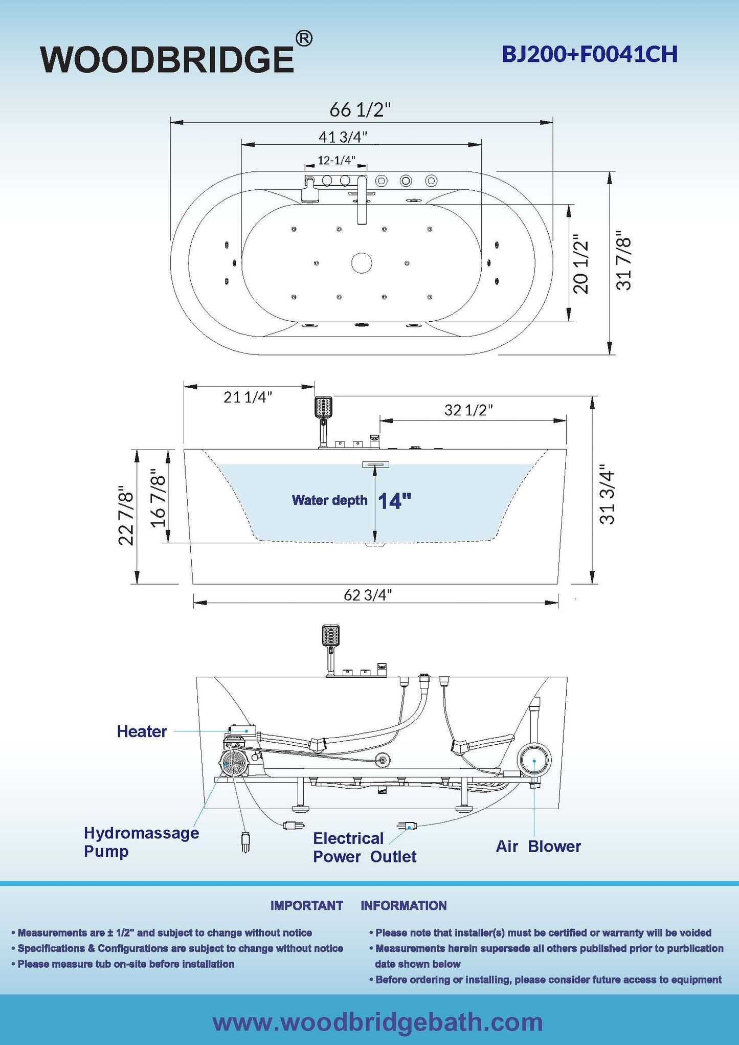 WOODBRIDGE 66-1/2" x 31-7/8" Whirlpool Water Jetted and Air Bubble Freestanding Heated Soaking Combination Bathtub with Tub Filler