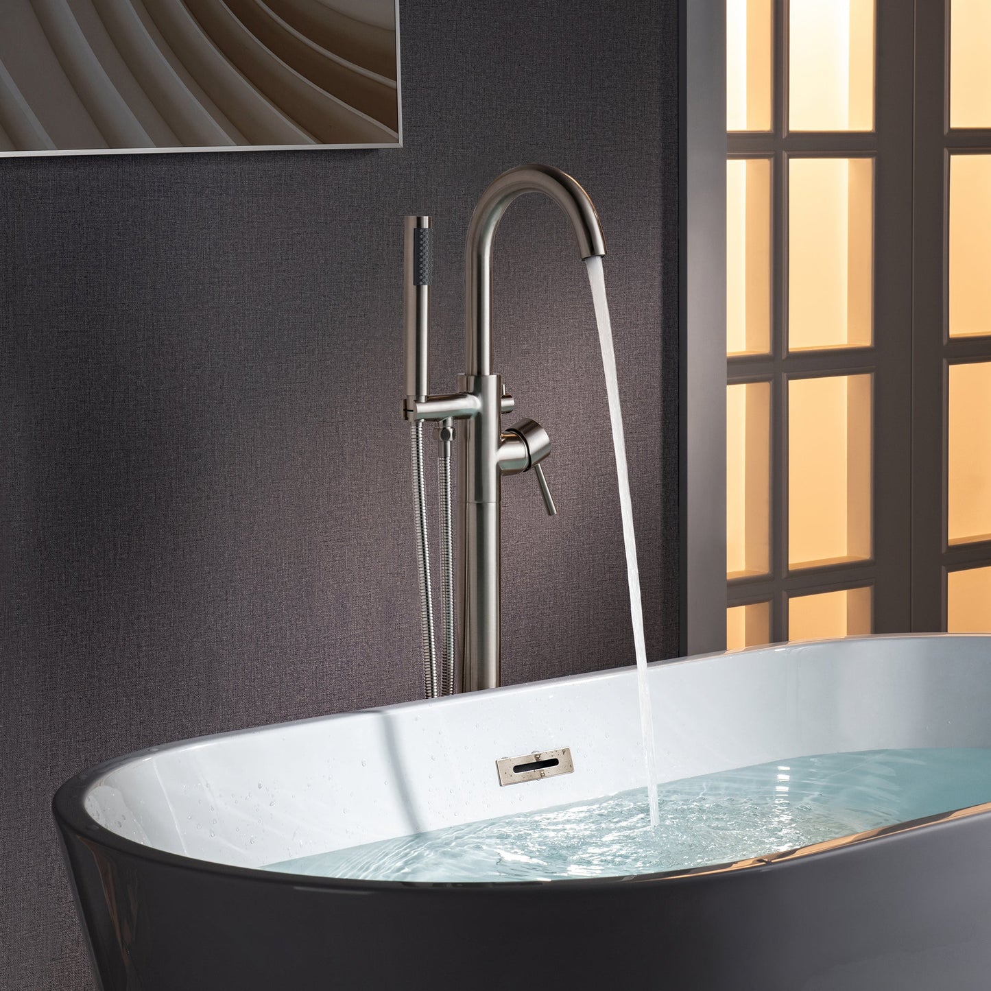 WOODBRIDGE F0023BNRD Contemporary Single Handle Floor Mount Freestanding Tub Filler Faucet with Cylinder Shape Hand shower