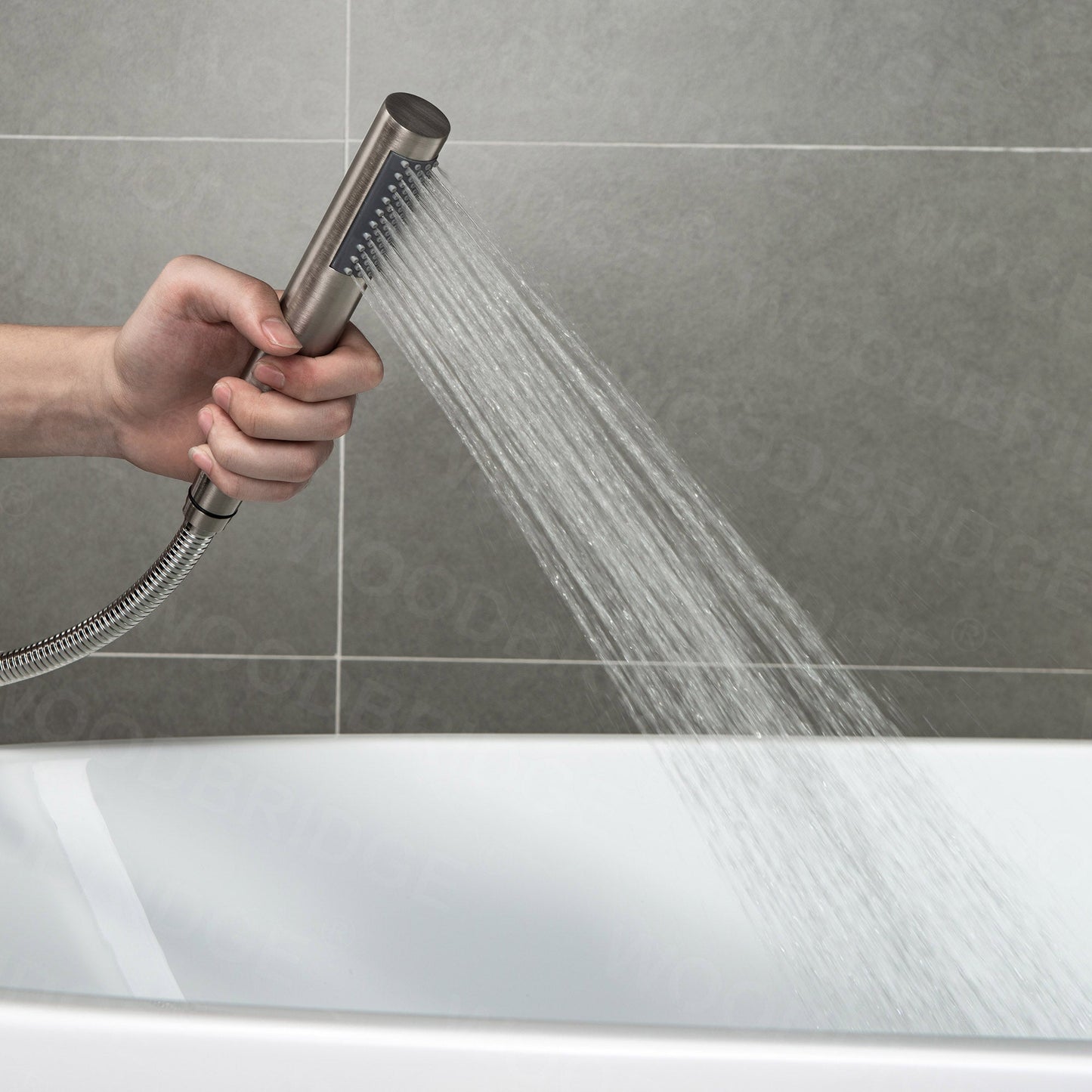 WOODBRIDGE F0023BNRD Contemporary Single Handle Floor Mount Freestanding Tub Filler Faucet with Cylinder Shape Hand shower