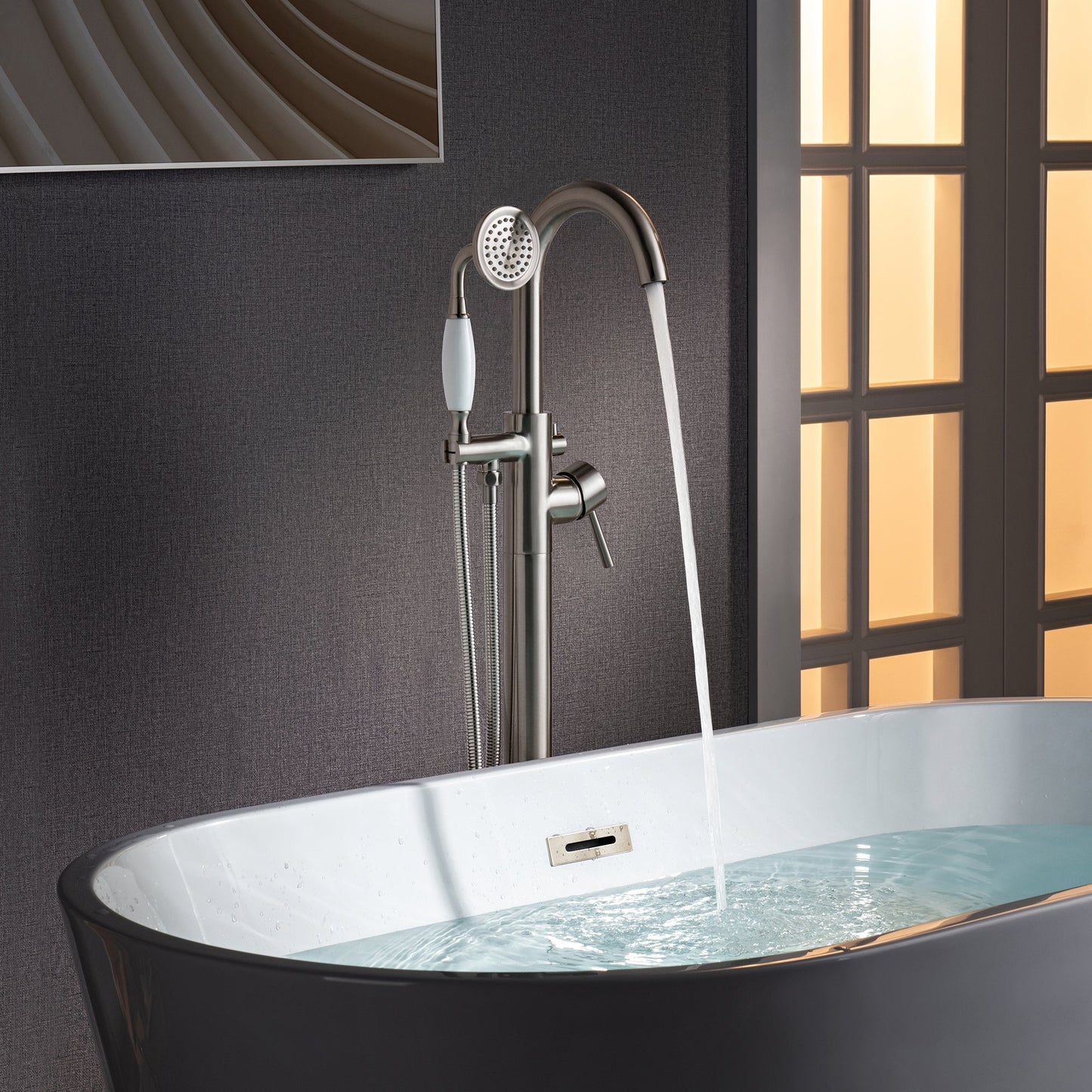 WOODBRIDGE F0023BNVT Fusion Single Handle Floor Mount Freestanding Tub Filler Faucet with Telephone Hand shower