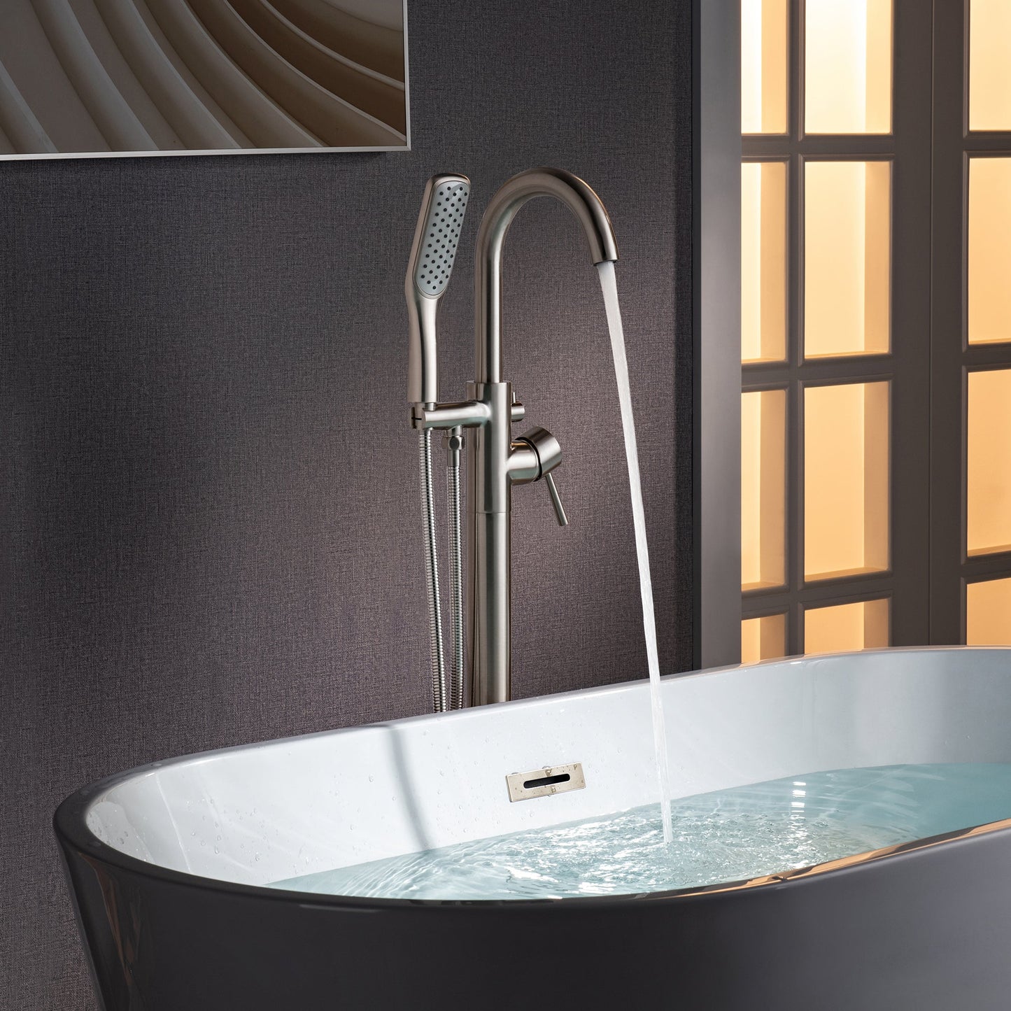 WOODBRIDGE F0023BNSQ Fusion Single Handle Floor Mount Freestanding Tub Filler Faucet with Square Comfort Grip Hand Shower
