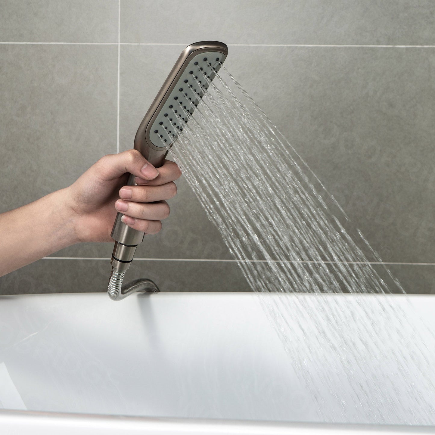 WOODBRIDGE F0023BNSQ Fusion Single Handle Floor Mount Freestanding Tub Filler Faucet with Square Comfort Grip Hand Shower