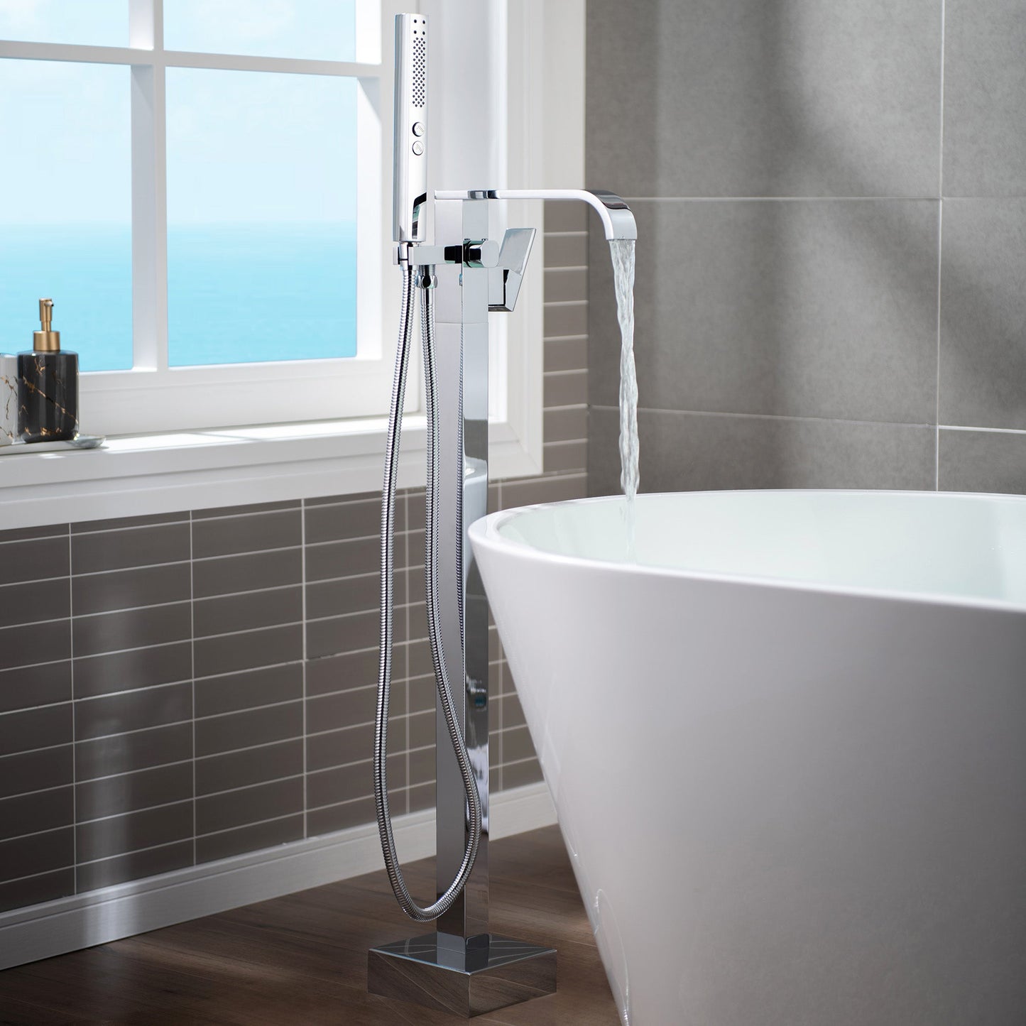 WOODBRIDGE F0040BN Contemporary Single Handle Floor Mount Freestanding Tub Filler Faucet with Hand shower