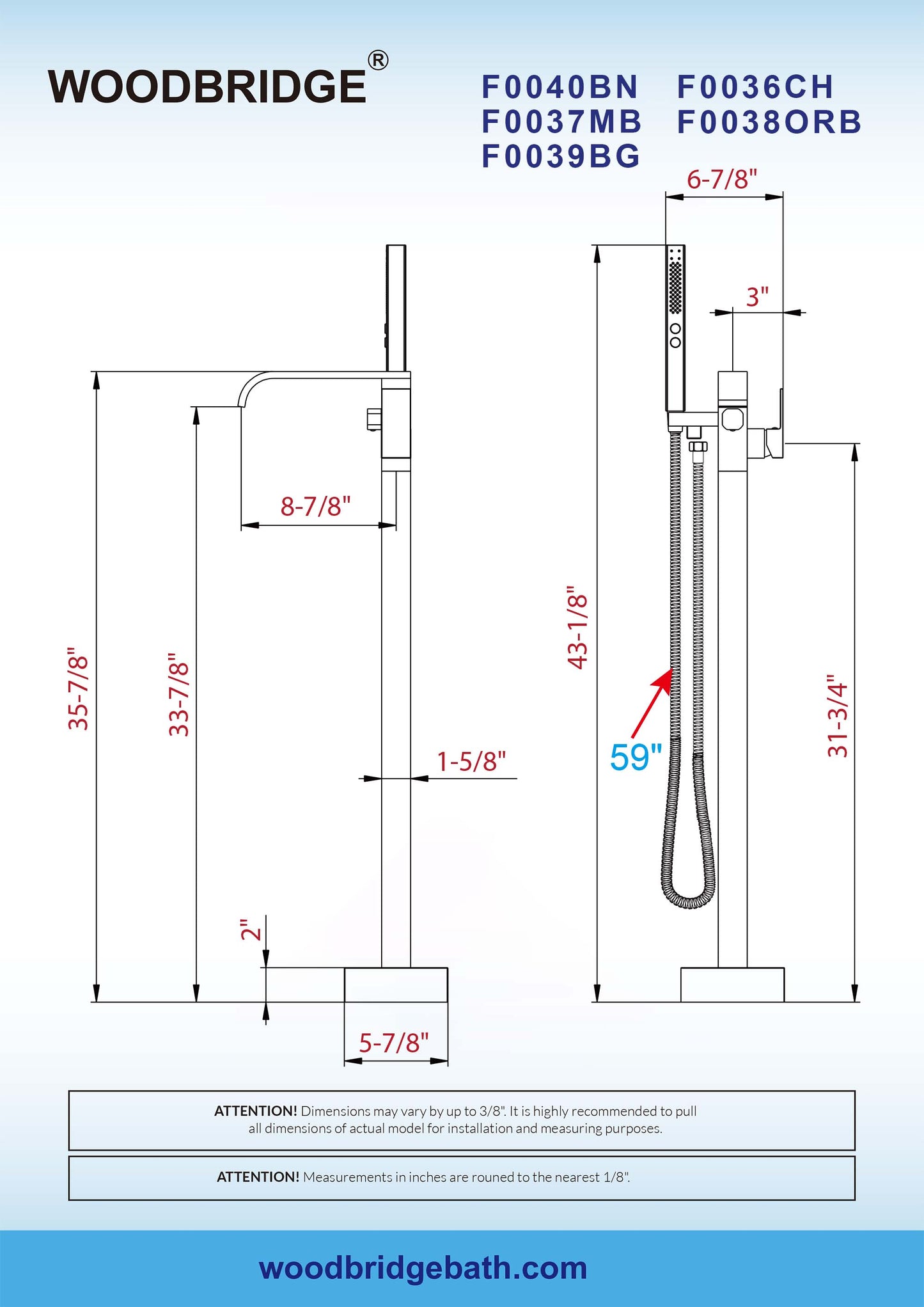 WOODBRIDGE F0040BN Contemporary Single Handle Floor Mount Freestanding Tub Filler Faucet with Hand shower