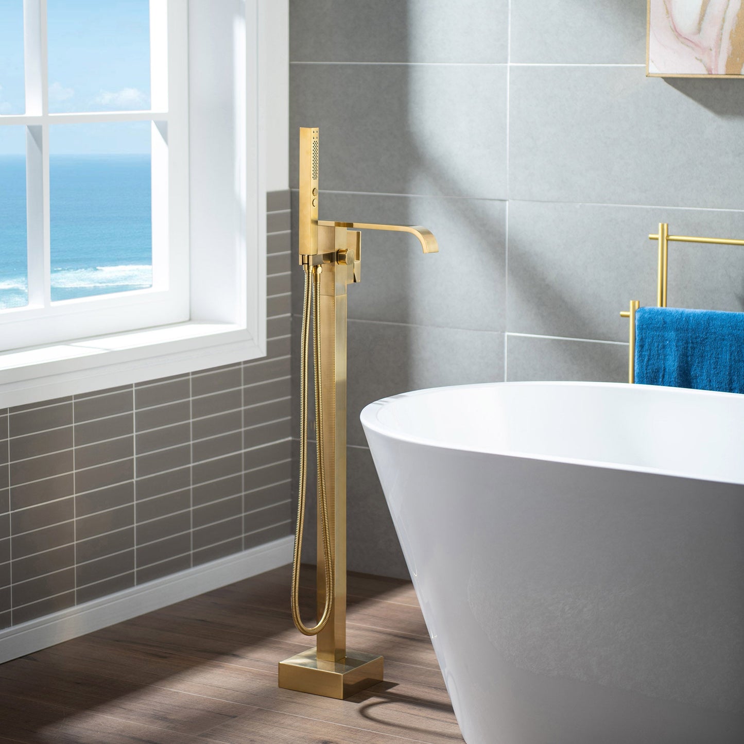 WOODBRIDGE F0040BN Contemporary Single Handle Floor Mount Freestanding Tub Filler Faucet with Hand shower