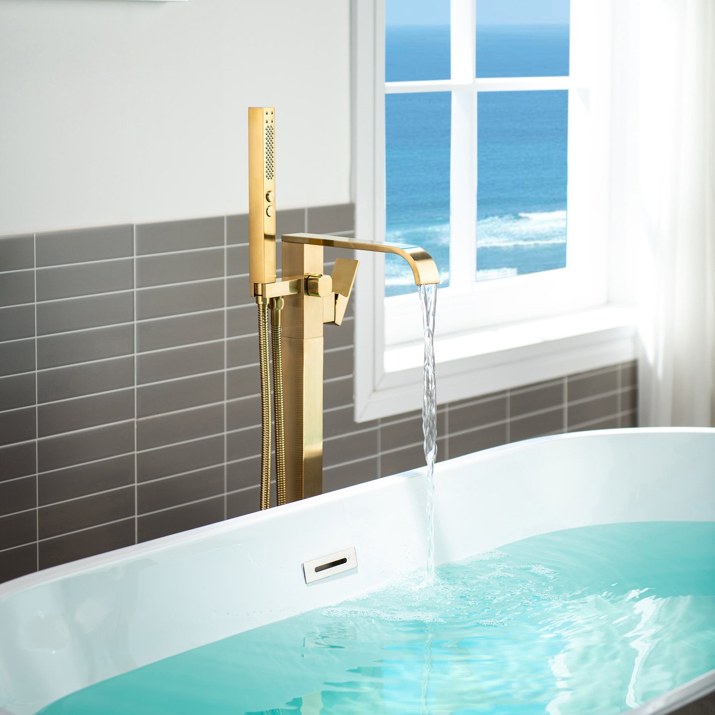 WOODBRIDGE F0040BN Contemporary Single Handle Floor Mount Freestanding Tub Filler Faucet with Hand shower