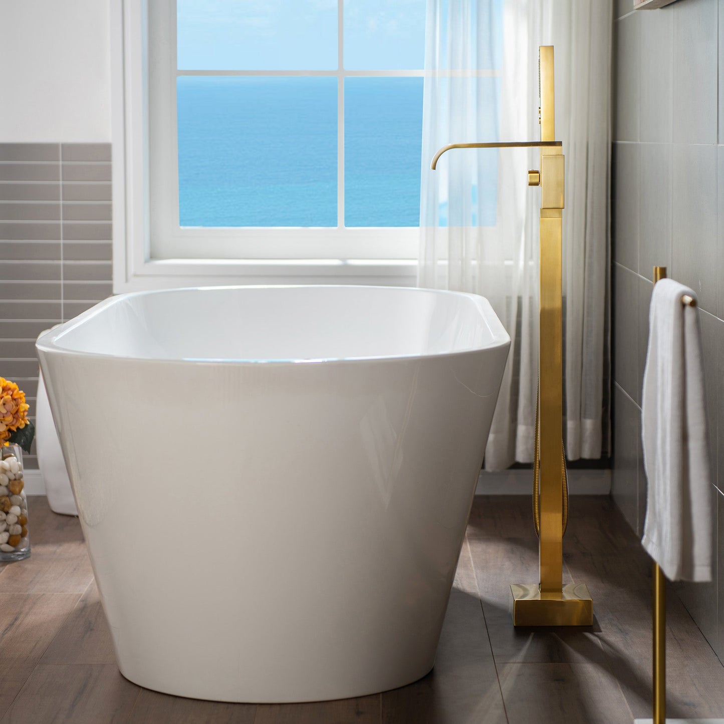 WOODBRIDGE F0040BN Contemporary Single Handle Floor Mount Freestanding Tub Filler Faucet with Hand shower