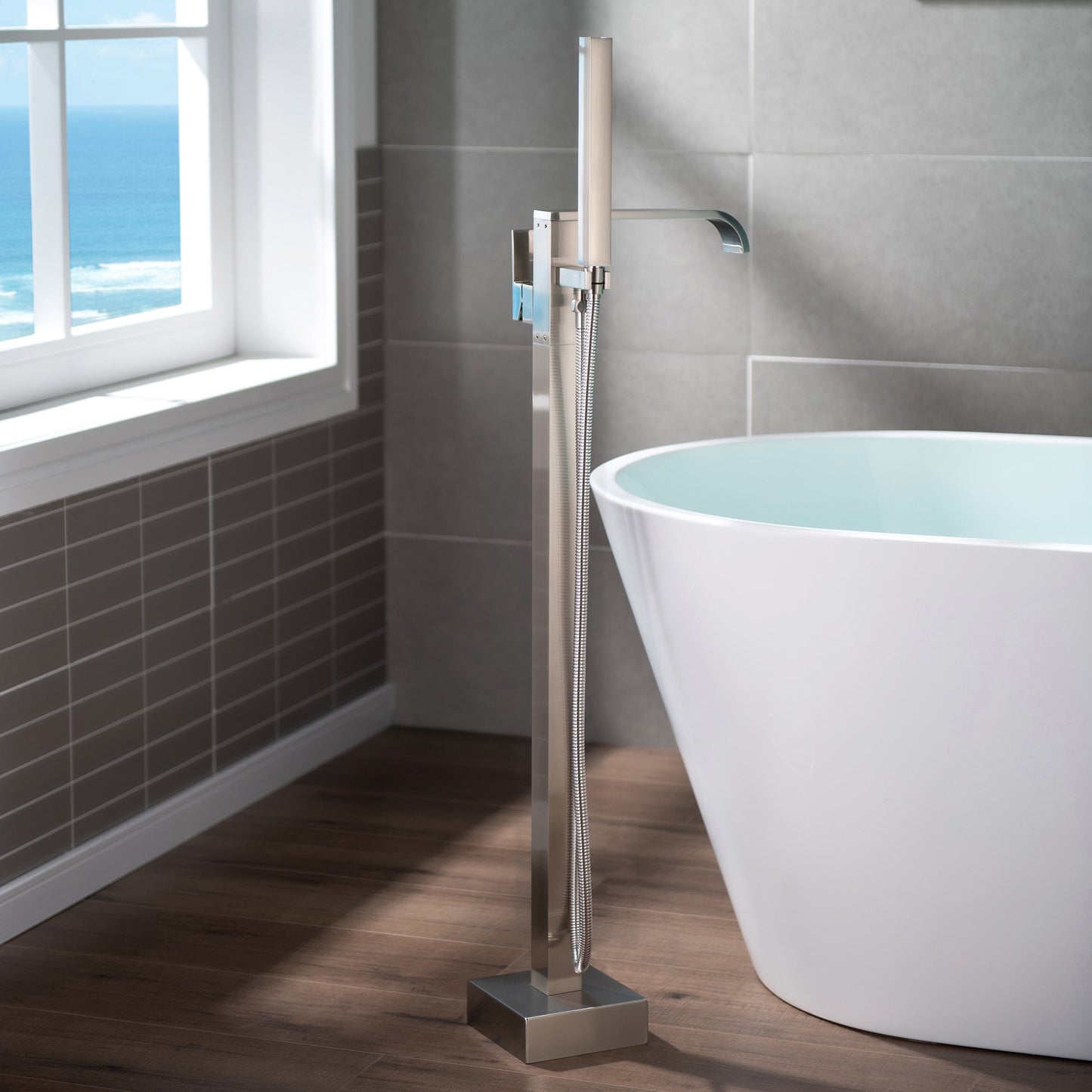WOODBRIDGE F0040BN Contemporary Single Handle Floor Mount Freestanding Tub Filler Faucet with Hand shower