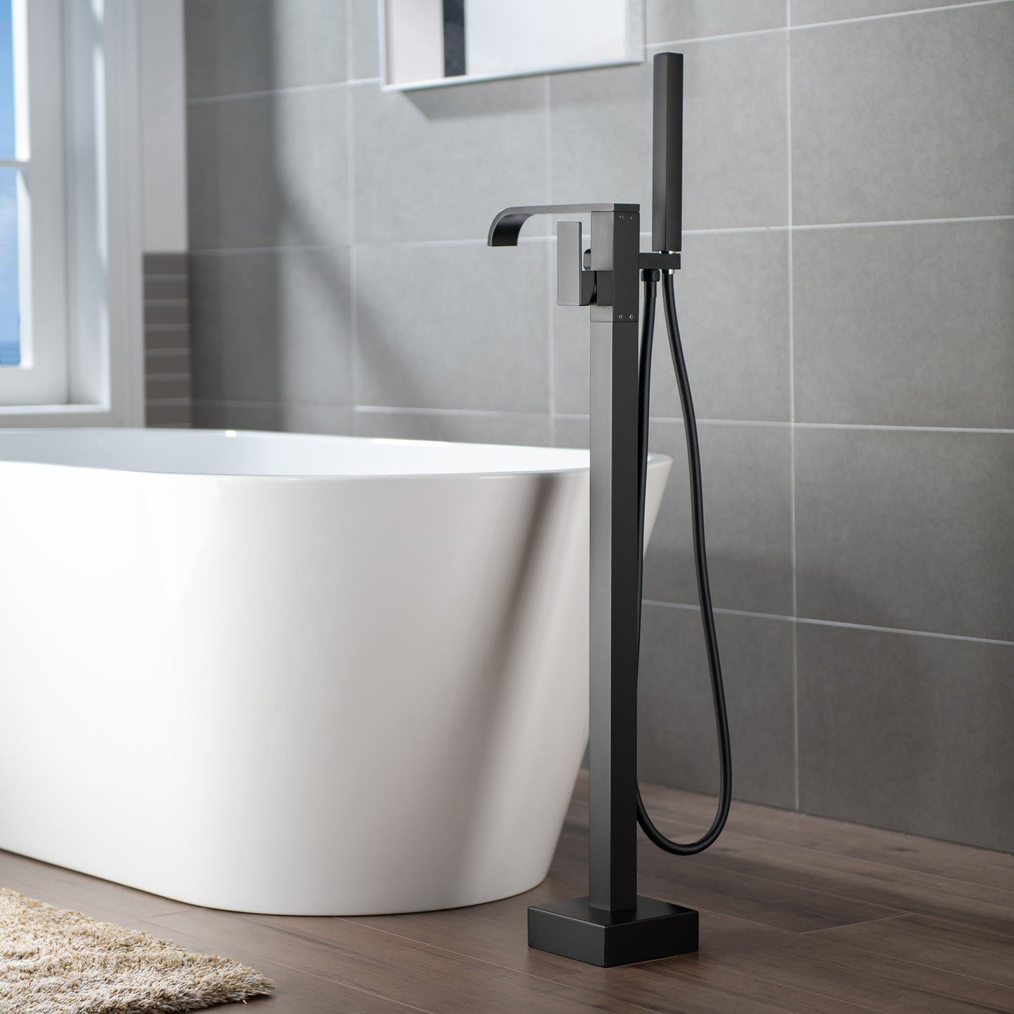 WOODBRIDGE F0040BN Contemporary Single Handle Floor Mount Freestanding Tub Filler Faucet with Hand shower