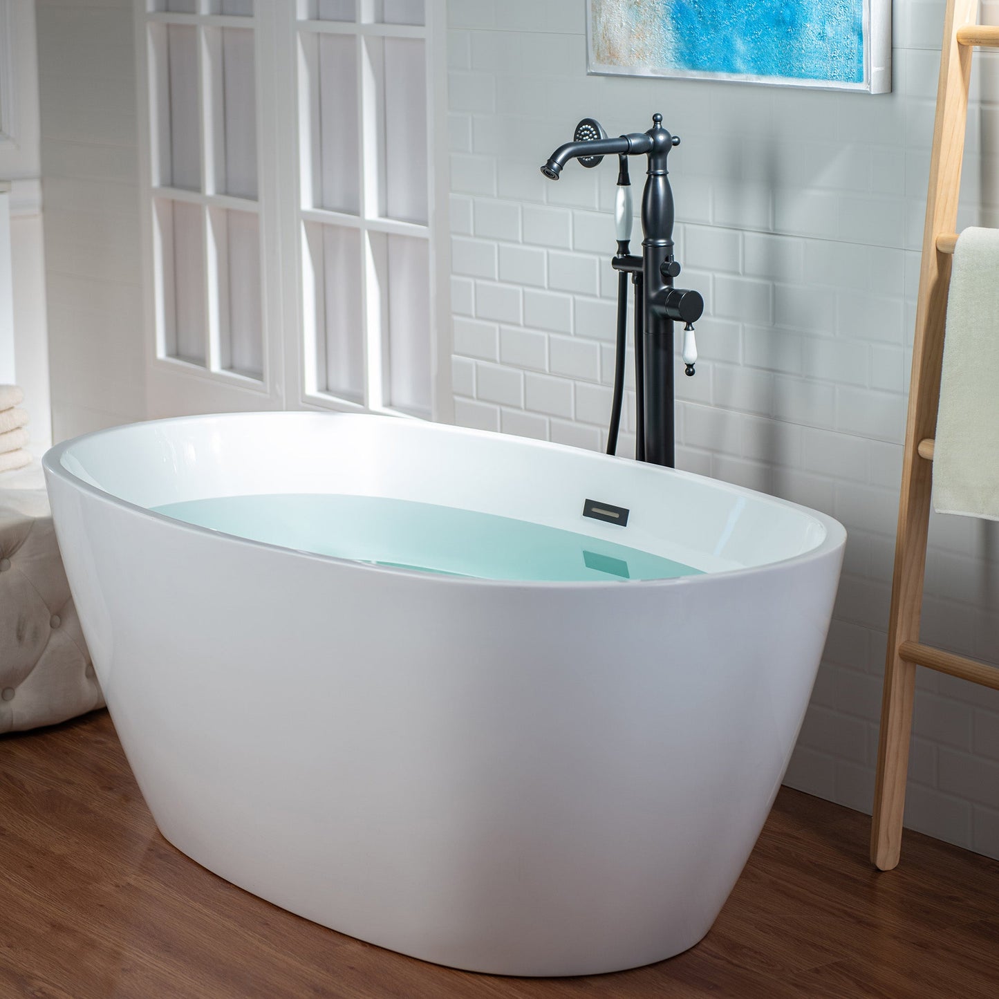 WOODBRIDGE F0047BN Fusion Single Handle Floor Mount Freestanding Tub Filler Faucet with Telephone Hand shower