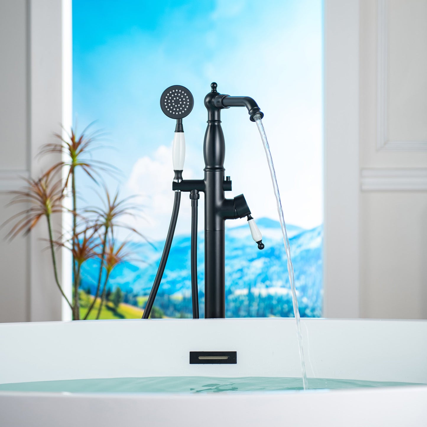 WOODBRIDGE F0047BN Fusion Single Handle Floor Mount Freestanding Tub Filler Faucet with Telephone Hand shower