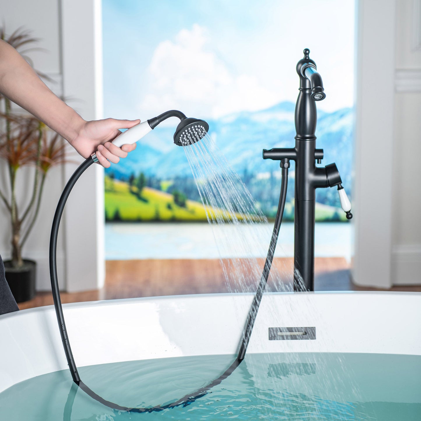 WOODBRIDGE F0047BN Fusion Single Handle Floor Mount Freestanding Tub Filler Faucet with Telephone Hand shower