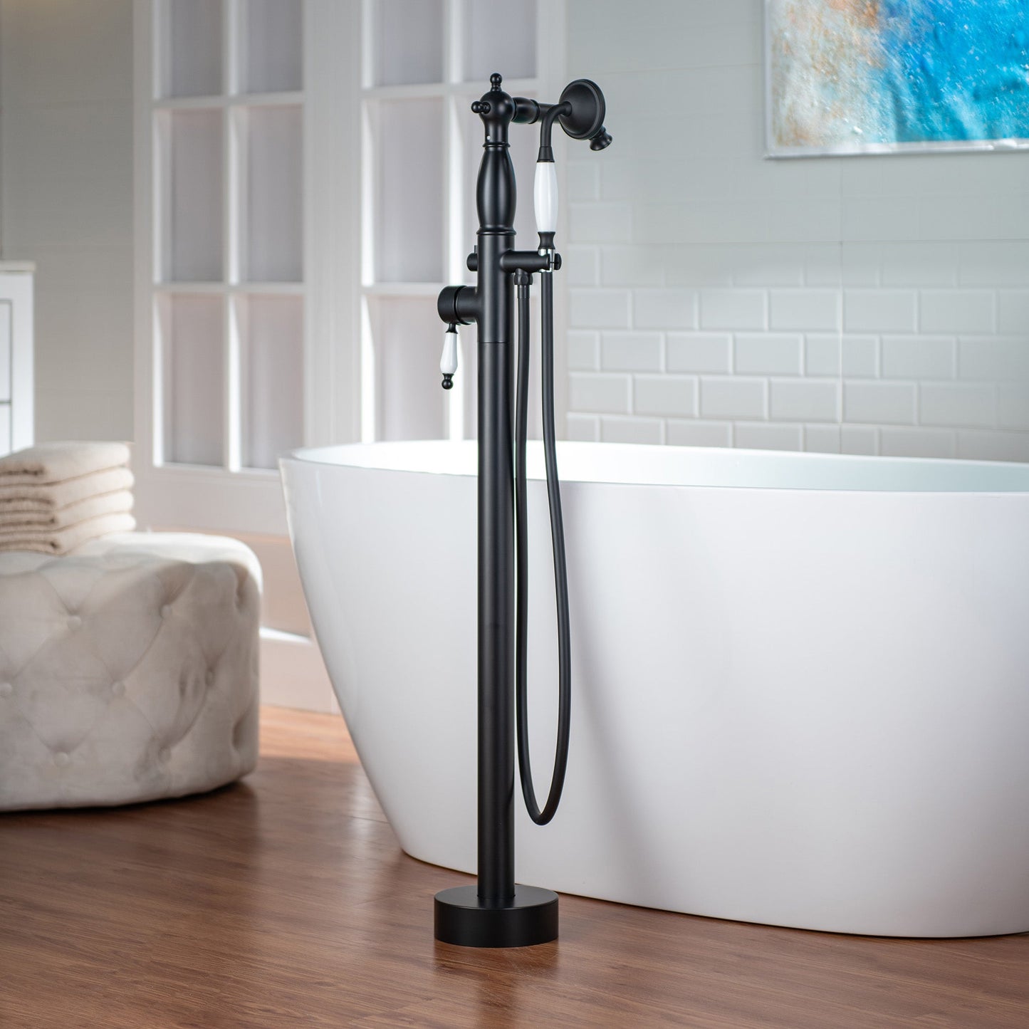 WOODBRIDGE F0047BN Fusion Single Handle Floor Mount Freestanding Tub Filler Faucet with Telephone Hand shower