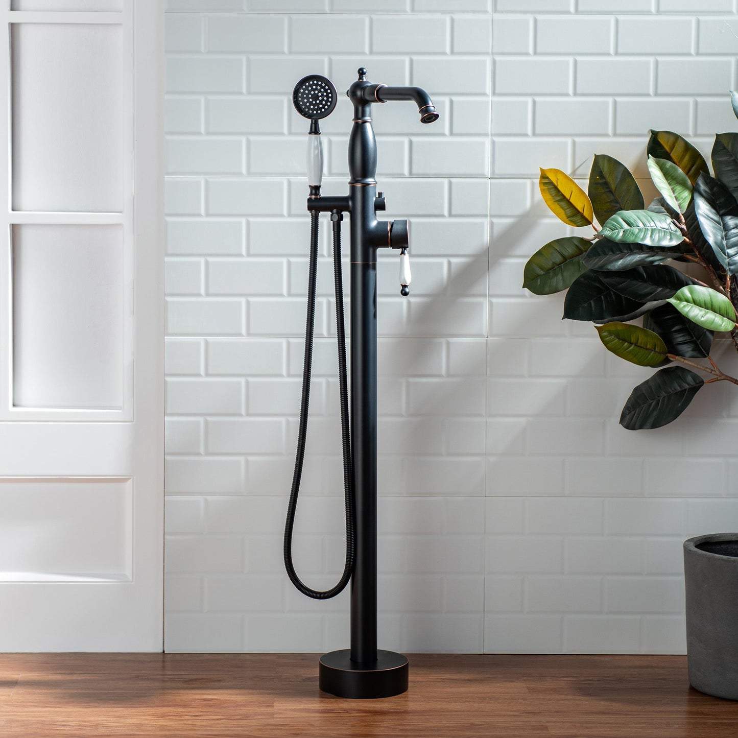 WOODBRIDGE F0047BN Fusion Single Handle Floor Mount Freestanding Tub Filler Faucet with Telephone Hand shower