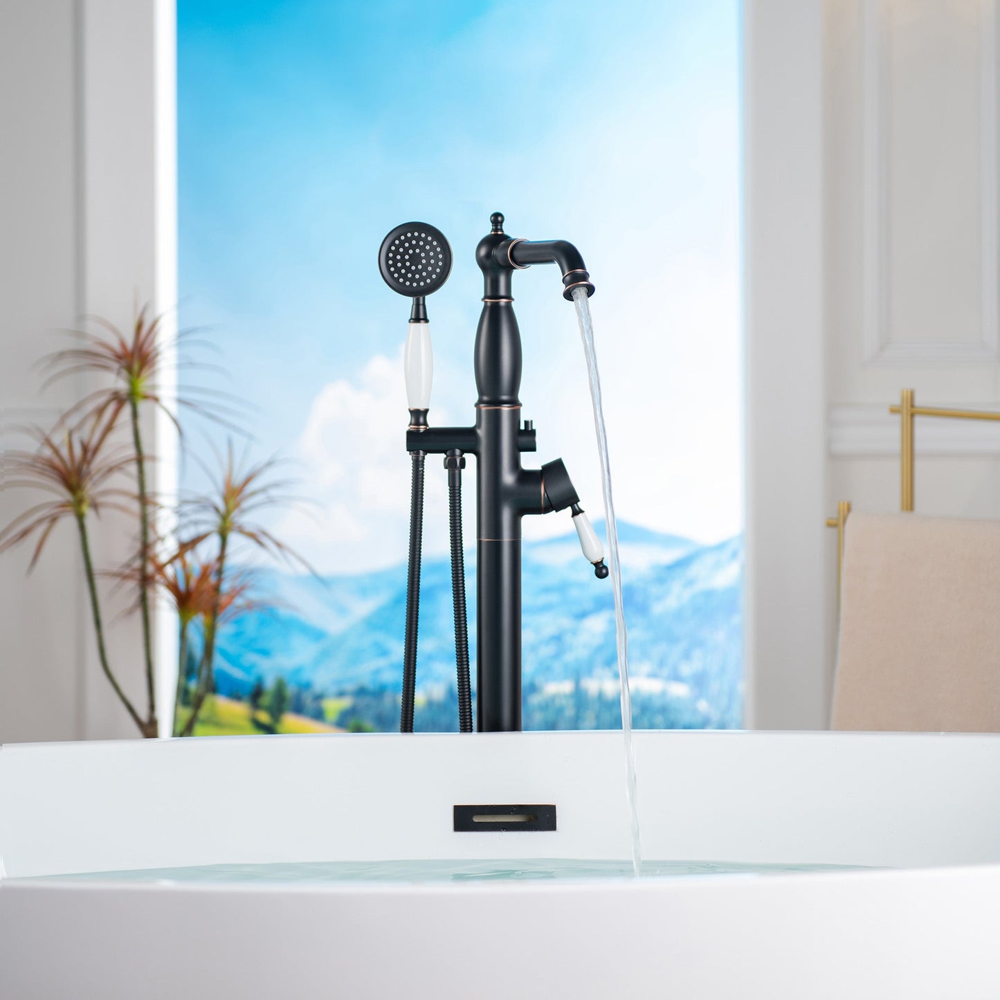 WOODBRIDGE F0047BN Fusion Single Handle Floor Mount Freestanding Tub Filler Faucet with Telephone Hand shower