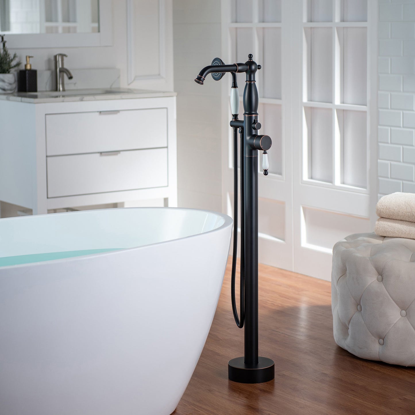 WOODBRIDGE F0047BN Fusion Single Handle Floor Mount Freestanding Tub Filler Faucet with Telephone Hand shower