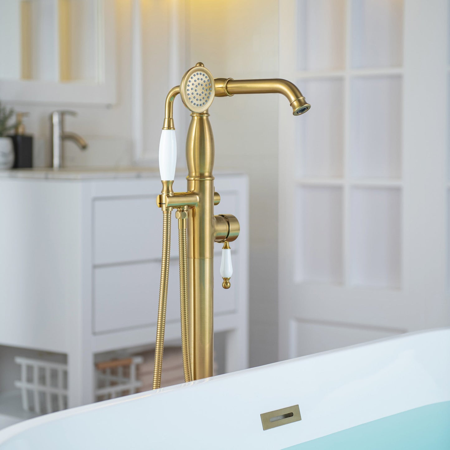 WOODBRIDGE F0047BN Fusion Single Handle Floor Mount Freestanding Tub Filler Faucet with Telephone Hand shower