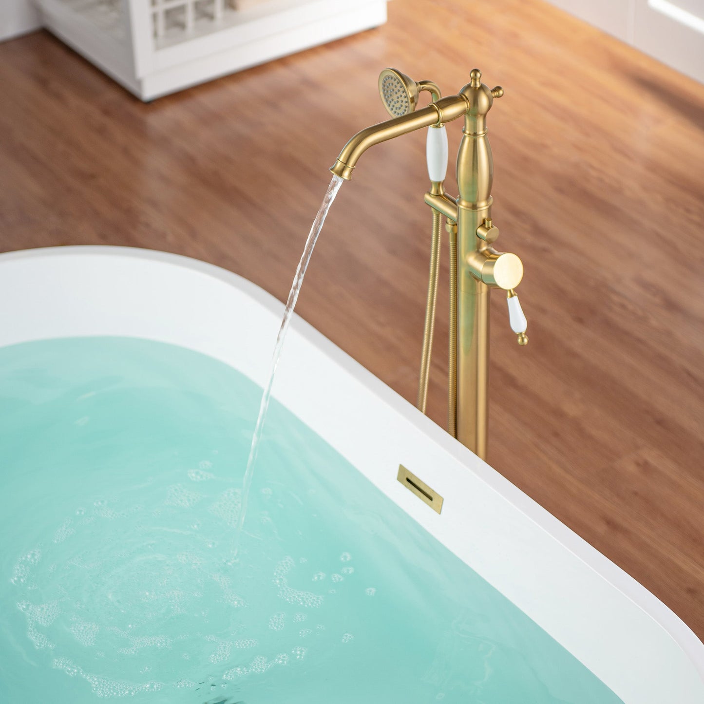WOODBRIDGE F0047BN Fusion Single Handle Floor Mount Freestanding Tub Filler Faucet with Telephone Hand shower