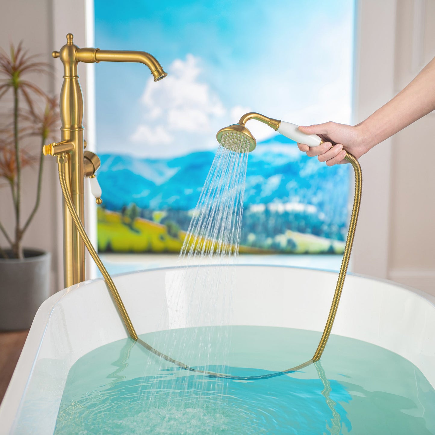WOODBRIDGE F0047BN Fusion Single Handle Floor Mount Freestanding Tub Filler Faucet with Telephone Hand shower