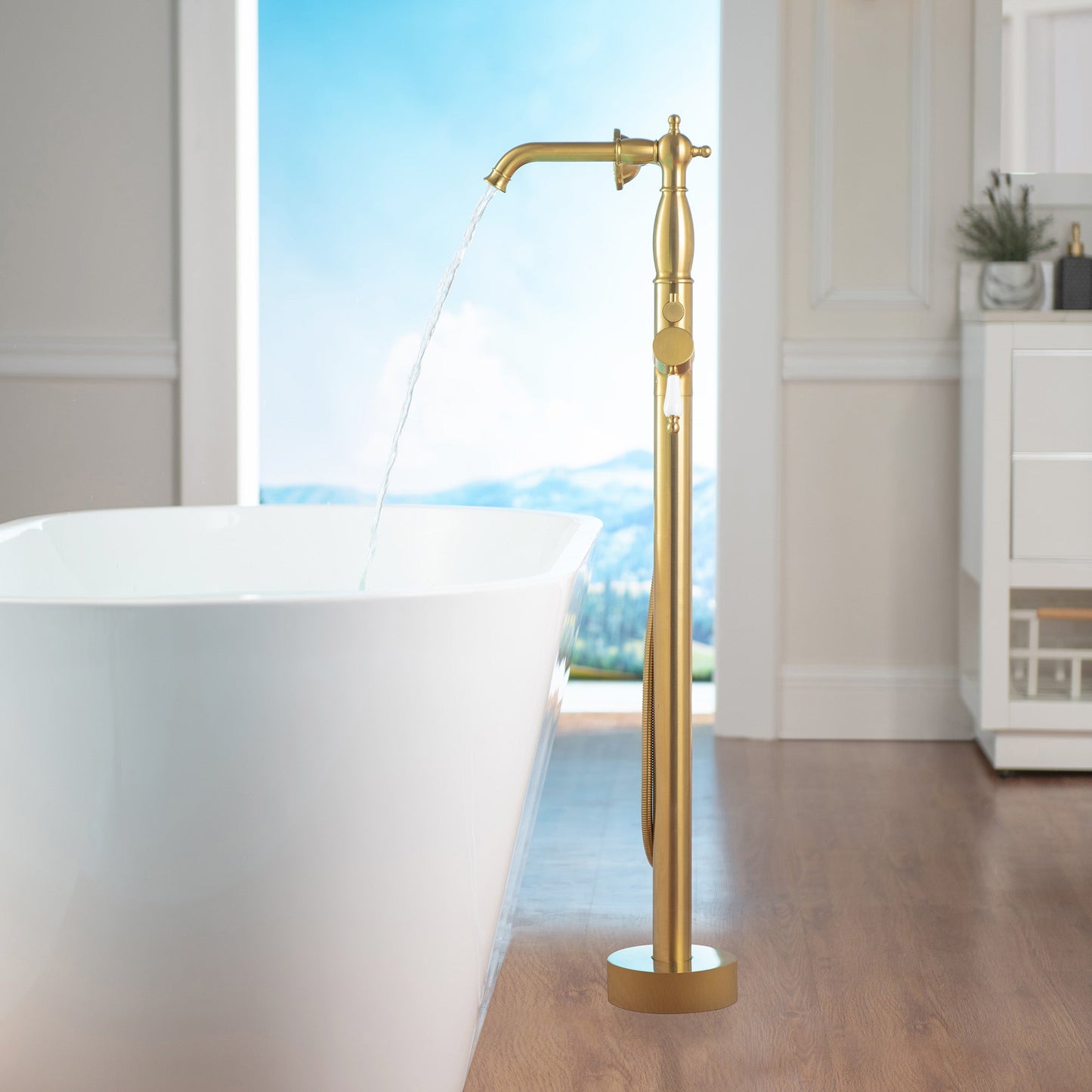 WOODBRIDGE F0047BN Fusion Single Handle Floor Mount Freestanding Tub Filler Faucet with Telephone Hand shower
