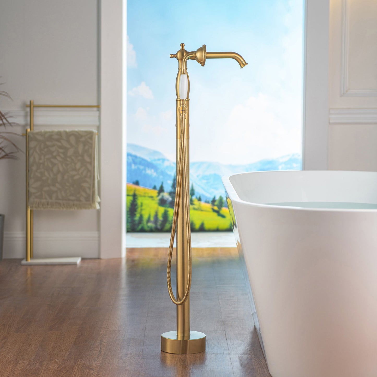WOODBRIDGE F0047BN Fusion Single Handle Floor Mount Freestanding Tub Filler Faucet with Telephone Hand shower