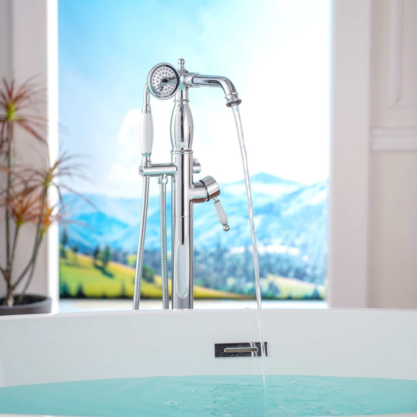 WOODBRIDGE F0047BN Fusion Single Handle Floor Mount Freestanding Tub Filler Faucet with Telephone Hand shower