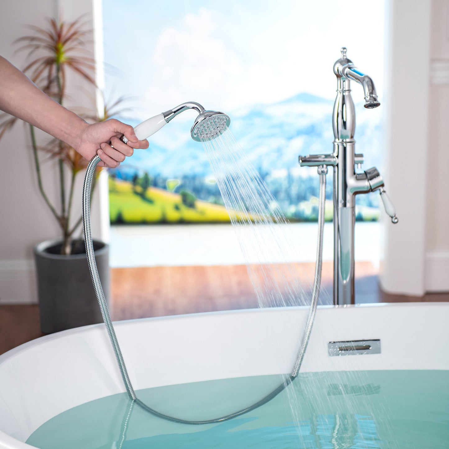WOODBRIDGE F0047BN Fusion Single Handle Floor Mount Freestanding Tub Filler Faucet with Telephone Hand shower